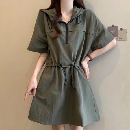 夏季新款大码女韩版时尚气质收腰显瘦别致抽绳工装连衣裙 服裝批發女裝批發服飾貨源