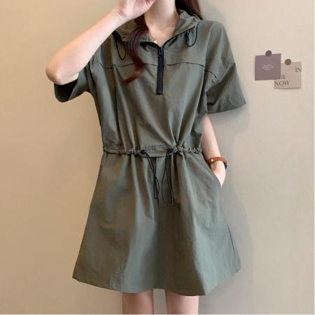 夏季新款大码女韩版时尚气质收腰显瘦别致抽绳工装连衣裙 服裝批發女裝批發服飾貨源