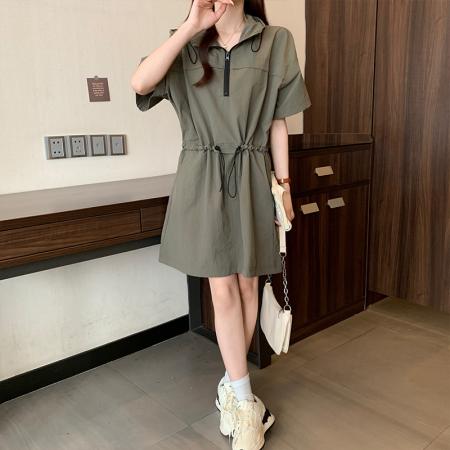 夏季新款大码女韩版时尚气质收腰显瘦别致抽绳工装连衣裙 服裝批發女裝批發服飾貨源