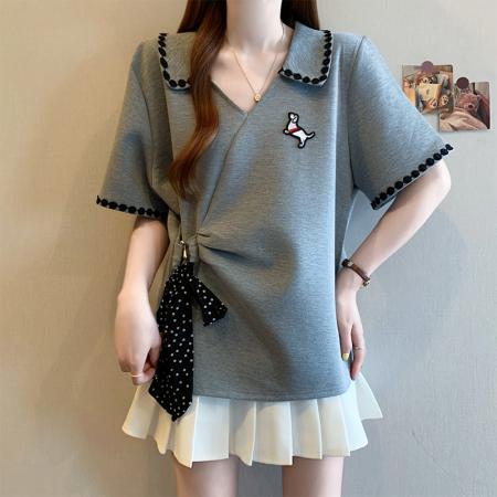 夏季新款大码女装时尚设计感polo领绑带收腰显瘦别致T恤 服裝批發女裝批發服飾貨源