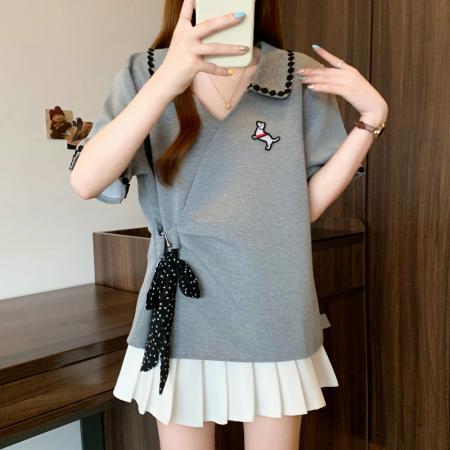 夏季新款大码女装时尚设计感polo领绑带收腰显瘦别致T恤 服裝批發女裝批發服飾貨源