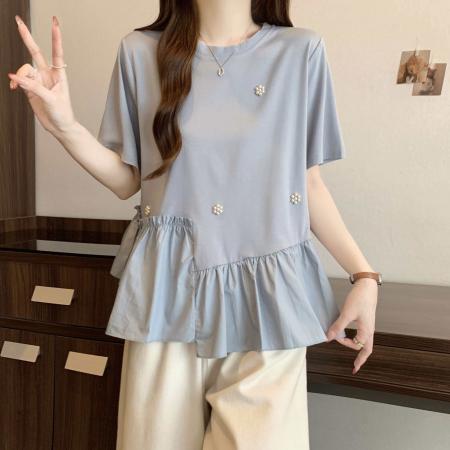 BY17435# ～设计感不规则荷叶边钉珠短袖夏季新款胖MM遮肚显瘦别致上衣 服裝批發女裝批發服飾貨源