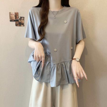 BY17435# ～设计感不规则荷叶边钉珠短袖夏季新款胖MM遮肚显瘦别致上衣 服裝批發女裝批發服飾貨源