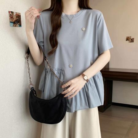 BY17435# ～设计感不规则荷叶边钉珠短袖夏季新款胖MM遮肚显瘦别致上衣 服裝批發女裝批發服飾貨源