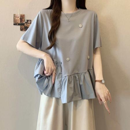 BY17435# ～设计感不规则荷叶边钉珠短袖夏季新款胖MM遮肚显瘦别致上衣 服裝批發女裝批發服飾貨源