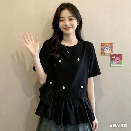 BY17435# ～设计感不规则荷叶边钉珠短袖夏季新款胖MM遮肚显瘦别致上衣 服裝批發女裝批發服飾貨源