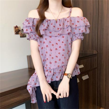 ～夏季新款一字领短袖设计感法式甜美荷叶边露肩吊带衫 服裝批發女裝批發服飾貨源