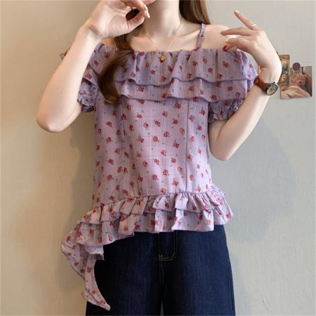 ～夏季新款一字领短袖设计感法式甜美荷叶边露肩吊带衫 服裝批發女裝批發服飾貨源