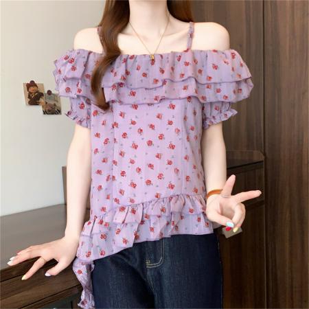 ～夏季新款一字领短袖设计感法式甜美荷叶边露肩吊带衫 服裝批發女裝批發服飾貨源