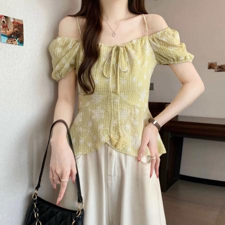 大码女装夏季韩版吊带一字肩短袖衬衣女露肩格子小清新上衣女 服裝批發女裝批發服飾貨源