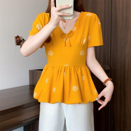 ～夏日多巴胺黄色印花v领衬衫女法式气质收腰显瘦花苞上衣 服裝批發女裝批發服飾貨源