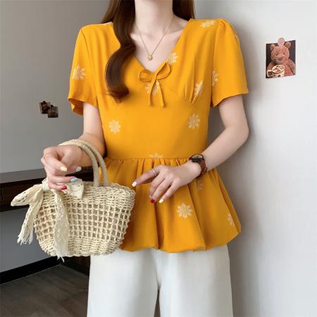 ～夏日多巴胺黄色印花v领衬衫女法式气质收腰显瘦花苞上衣 服裝批發女裝批發服飾貨源