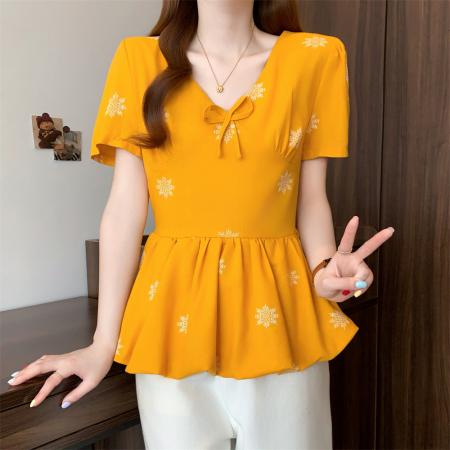 ～夏日多巴胺黄色印花v领衬衫女法式气质收腰显瘦花苞上衣 服裝批發女裝批發服飾貨源