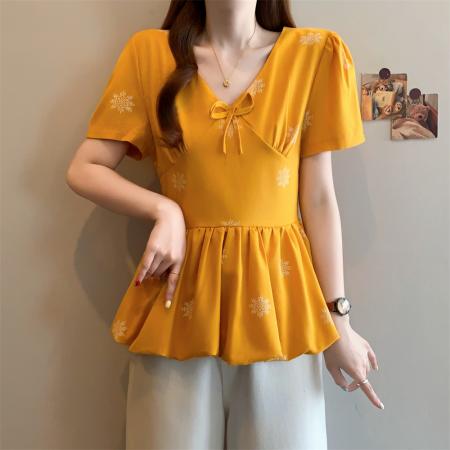 ～夏日多巴胺黄色印花v领衬衫女法式气质收腰显瘦花苞上衣 服裝批發女裝批發服飾貨源