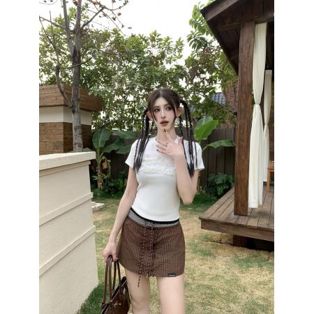 夏季时髦拼接撞色抽绳花边假两件A字短裙半身裙百搭裤裙 服裝批發女裝批發服飾貨源