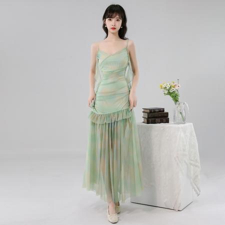 BY17440# 法式网纱吊带连衣裙女夏季新款爆款高级感收腰度假长裙 服裝批發女裝批發服飾貨源