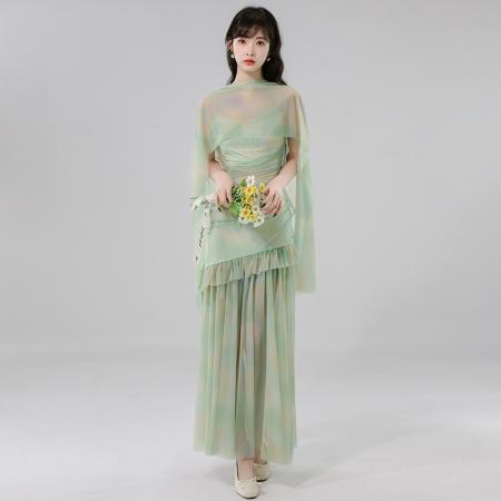 BY17440# 法式网纱吊带连衣裙女夏季新款爆款高级感收腰度假长裙 服裝批發女裝批發服飾貨源