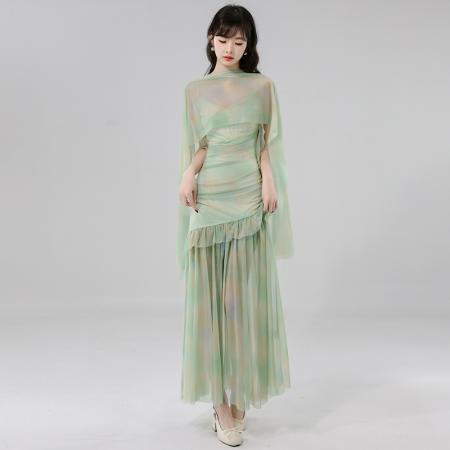 BY17440# 法式网纱吊带连衣裙女夏季新款爆款高级感收腰度假长裙 服裝批發女裝批發服飾貨源