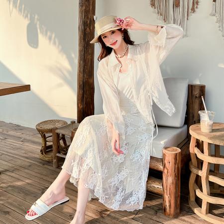 夏季新款设计感拼接蕾丝长袖衬衫衬衣百搭蕾丝半裙套装 服裝批發女裝批發服飾貨源