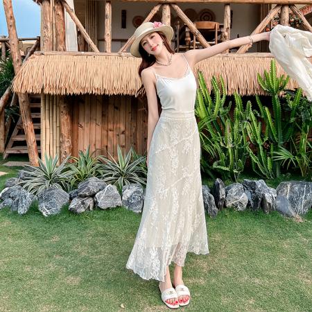 夏季新款设计感拼接蕾丝长袖衬衫衬衣百搭蕾丝半裙套装 服裝批發女裝批發服飾貨源