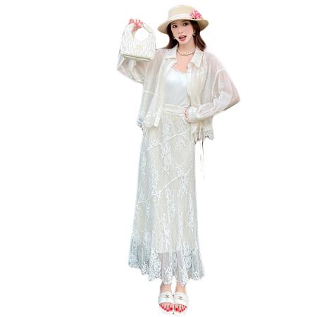 夏季新款设计感拼接蕾丝长袖衬衫衬衣百搭蕾丝半裙套装 服裝批發女裝批發服飾貨源