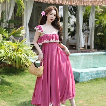 BY17442# 海边度假蕾丝拼接吊带连衣裙女夏季法式性感露背长裙子 服裝批發女裝批發服飾貨源