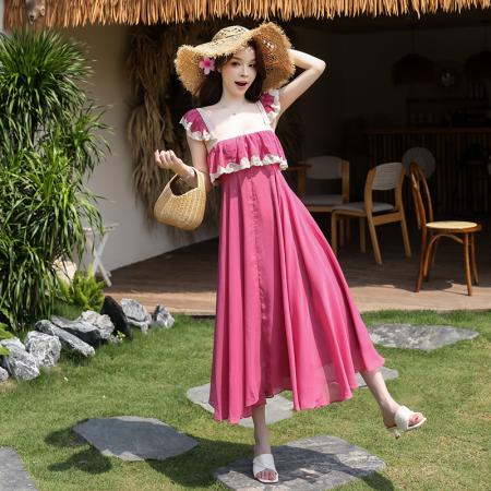 BY17442# 海边度假蕾丝拼接吊带连衣裙女夏季法式性感露背长裙子 服裝批發女裝批發服飾貨源