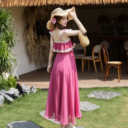 BY17442# 海边度假蕾丝拼接吊带连衣裙女夏季法式性感露背长裙子 服裝批發女裝批發服飾貨源