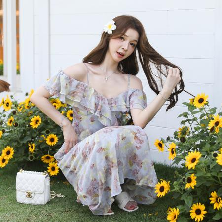 BY17443# 海洋之星春夏新款气质吊带碎花连衣裙女a字长裙子 服裝批發女裝批發服飾貨源