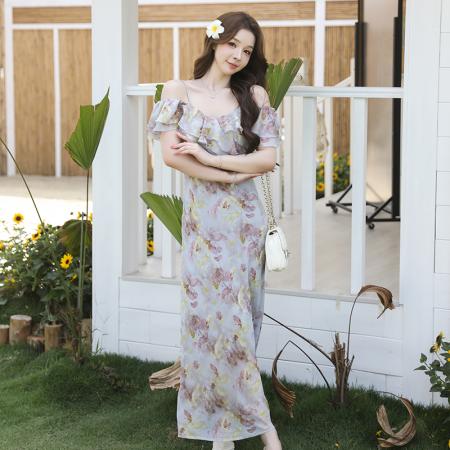 BY17443# 海洋之星春夏新款气质吊带碎花连衣裙女a字长裙子 服裝批發女裝批發服飾貨源