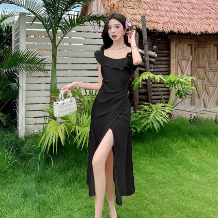 BY17446# 法式吊带裙新款气质轻奢修身显瘦高级设计荷叶边一字肩连衣裙 服裝批發女裝批發服飾貨源