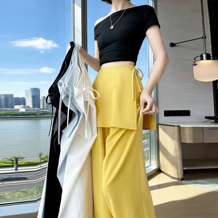 夏季新款亚麻真两件屁帘阔腿裤女显瘦百搭设计感直筒长裤 服裝批發女裝批發服飾貨源