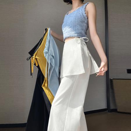 BY17450# 夏季新款亚麻真两件屁帘阔腿裤女显瘦百搭设计感直筒长裤 服裝批發女裝批發服飾貨源