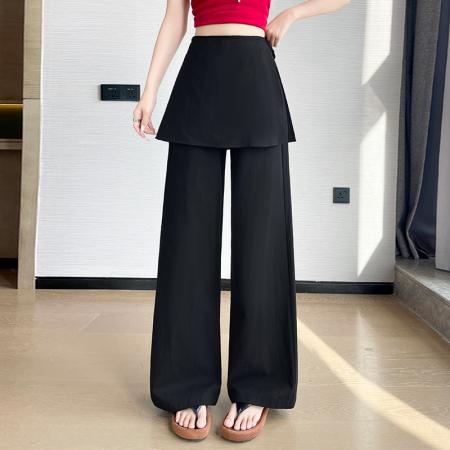 BY17450# 夏季新款亚麻真两件屁帘阔腿裤女显瘦百搭设计感直筒长裤 服裝批發女裝批發服飾貨源