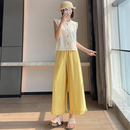 BY17452# 夏季高腰显瘦九分休闲女新款宽松棉麻阔腿裤白色有内衬 服裝批發女裝批發服飾貨源