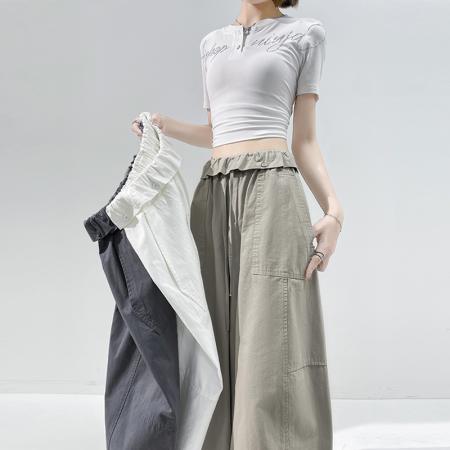 BY17454# 夏季新款全棉洗水宽松九分阔腿裤女松紧高腰休闲裤气球裤 服裝批發女裝批發服飾貨源