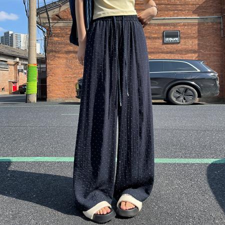 BY17457# 天丝亚麻重工烫钻女夏季薄款慵懒风休闲裤显瘦直筒垂感拖地裤 服裝批發女裝批發服飾貨源
