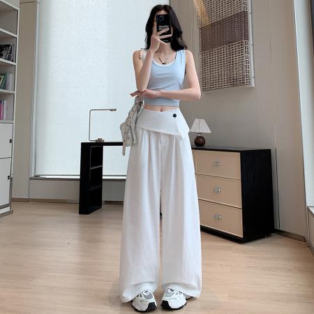 BY17459# 高腰不规则屁帘阔腿裤女夏季高腰垂感百搭宽松直筒裤子山本裤 服裝批發女裝批發服飾貨源