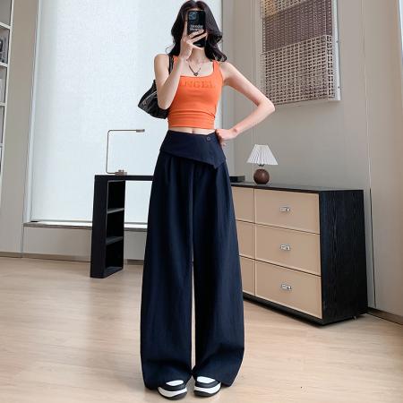 BY17459# 高腰不规则屁帘阔腿裤女夏季高腰垂感百搭宽松直筒裤子山本裤 服裝批發女裝批發服飾貨源