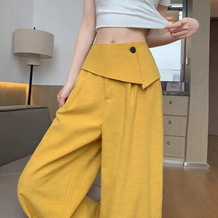 BY17459# 高腰不规则屁帘阔腿裤女夏季高腰垂感百搭宽松直筒裤子山本裤 服裝批發女裝批發服飾貨源