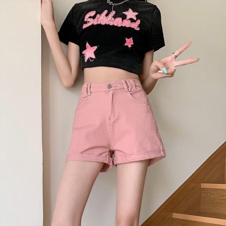BY17461# 粉色卷边高腰牛仔短裤女夏季薄款遮胯显瘦宽松a字百搭阔腿热裤潮 服裝批發女裝批發服飾貨源