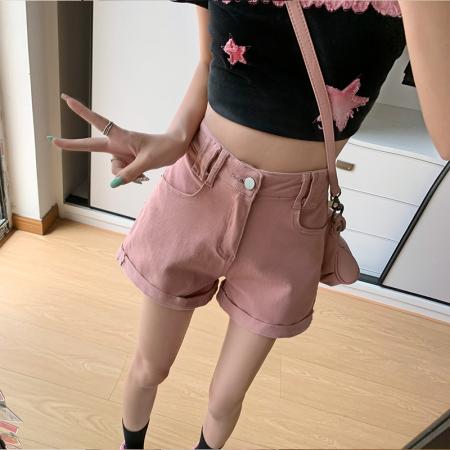 BY17461# 粉色卷边高腰牛仔短裤女夏季薄款遮胯显瘦宽松a字百搭阔腿热裤潮 服裝批發女裝批發服飾貨源