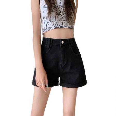 BY17461# 粉色卷边高腰牛仔短裤女夏季薄款遮胯显瘦宽松a字百搭阔腿热裤潮 服裝批發女裝批發服飾貨源