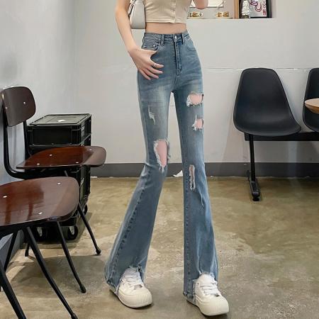 BY17462# 浅色毛边不规则微喇牛仔裤女高腰夏款弹力显瘦拖地喇叭拖地裤 服裝批發女裝批發服飾貨源