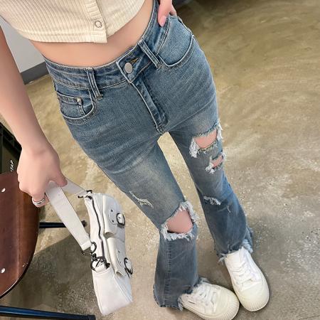 BY17462# 浅色毛边不规则微喇牛仔裤女高腰夏款弹力显瘦拖地喇叭拖地裤 服裝批發女裝批發服飾貨源