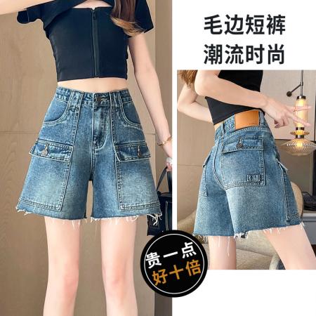 美式复古工装牛仔短裤女夏季宽松多口袋直筒四分裤小个子中裤 服裝批發女裝批發服飾貨源