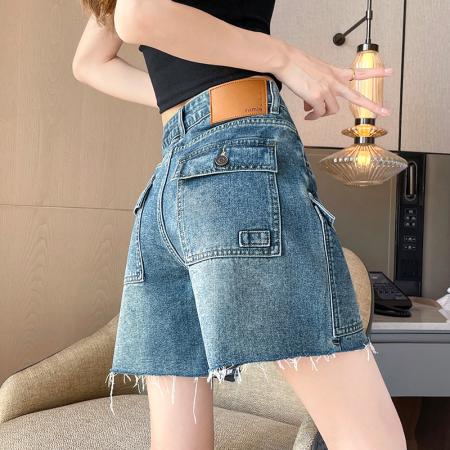 美式复古工装牛仔短裤女夏季宽松多口袋直筒四分裤小个子中裤 服裝批發女裝批發服飾貨源