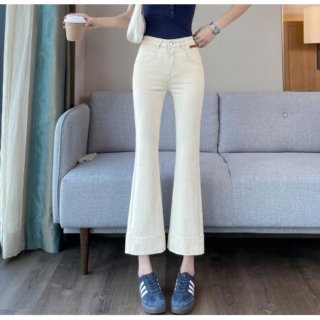 BY17466# 白色喇叭裤女九分裤新款弹力小个子设计感梨形显瘦微喇牛仔裤 服裝批發女裝批發服飾貨源