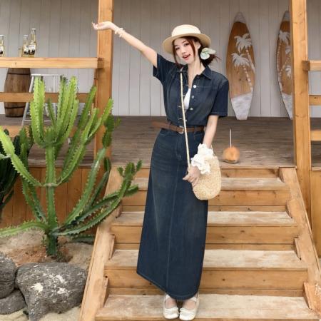 大码港风复古翻领牛仔连衣裙女夏季新款收腰显瘦气质a字长裙 服裝批發女裝批發服飾貨源