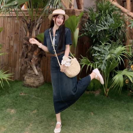 大码港风复古翻领牛仔连衣裙女夏季新款收腰显瘦气质a字长裙 服裝批發女裝批發服飾貨源